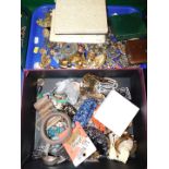 Costume jewellery, including bracelets and cuffs, rings and brooches. (1 tray and 1 box)