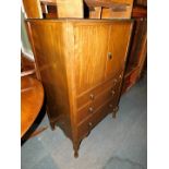 An early 20thC walnut tallboy linen cupboard, with three lower drawers, raised on cabriole legs,