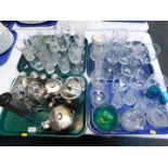 Stainless steel tea wares, condiments, etc., together with cut and pressed glassware. (4 trays)