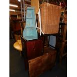 Household effects, comprising teak drop leaf table, linen basket, wall shelf, stool, pine box, oak