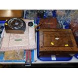 A Victorian inlaid walnut workbox, Smiths clockwork mantel clock, PAM transistor radio, table linen,