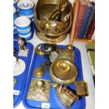 A brass coal bucket, fire irons, a pair of candlesticks, and further brass ware. (1 tray plus)