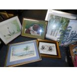 Assorted paintings and prints, together with a metal cut out of names of herbs. (a quantity)
