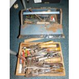 A metal tool chest, and wooden tray, containing wrenches, pliers, screwdrivers, spanners, etc. (a