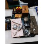An ebony dressing table set, musical and other boxes, Walt Disney alarm clock, plated wares, and