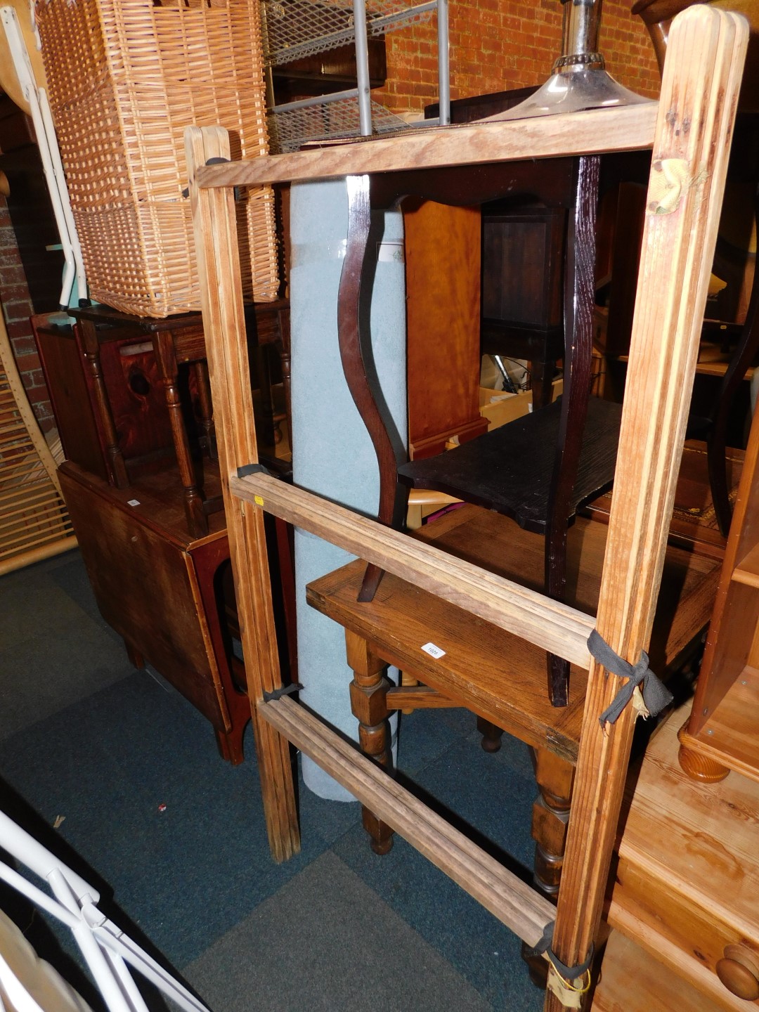 An oak draw leaf table, pine airer, oak occasional table and a red and chrome bar stool. (4)