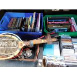 CDs and DVDs, assorted books, tennis racquets, roller skates, etc. (3 boxes plus)