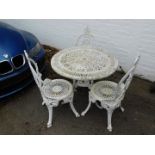 A white painted cast aluminium patio table, with three matching chairs. (4)