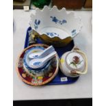 A German Hangemalt pottery teapot, Chinese porcelain planter, plates, bowls, rice spoons, etc. (1