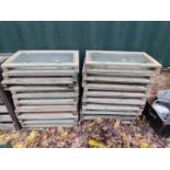 Twenty pine and perspex hinged show frame cloches, 70cm wide, 40cm deep.