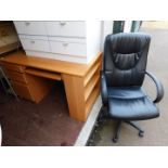 An oak veneered desk, together with an office chair, pine wall mirror and shelving unit. (4)