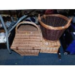 A Fortnum & Mason's picnic basket, further picnic basket, log basket and a copper bed pan. (4)