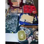 A silver plated fish canteen of cutlery, cased, whisky glasses, dressing table set, magnifyer,