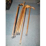 Assorted walking sticks, and a bamboo walking cane with a plated knop. (a quantity)