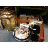 A brass coal bucket, plated wares, die cast vehicles, gentleman's vanity case, DVDs, etc. (a