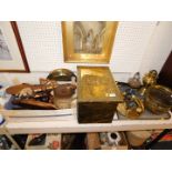 A brass slippers box, warming pan, mesh fire screen, two oil lamps, salver engraved with bust
