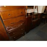 A stained oak sideboard, two chests of drawers, a stained oak two door cabinet, a single bed frame