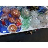 Pressed and cut glass ware, 20thC, including fruit bowls, dressing table sets, sundae sets, table