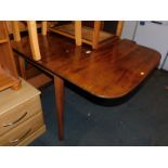 A mid 20thC drop leaf kitchen table, with mahogany top, 77cm high, 144cm wide, 84cm deep.