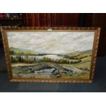 N Brough. Mountain landscape with lake and stream, oil on board, signed, 60cm high, 99cm wide.