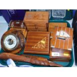 Inlaid wooden musical and other boxes, shoe horn, barometer, knife, etc. (1 tray)