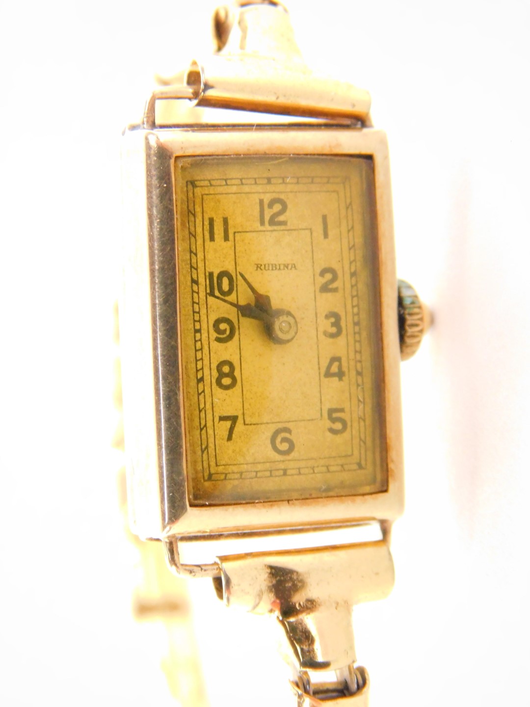 A Rubina mid 20thC lady's 14ct gold cased wristwatch, rectangular dial bearing Arabic numerals, on a - Image 3 of 4