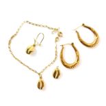 A pair of 9ct gold hoop earrings, together with a pair of earrings and a neck chain with coffee bean