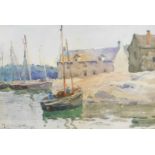 Reginald Jones RBA (British, 1857-1920). Coastal fishing village with boats, watercolour, signed,