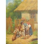 Continental School (20thC). Rustic village scene with children playing a game outdoors, oil on