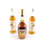 Two 75cl Famous Grouse Scotch Whisky bottles, together with a Martell VS Cognac 70cl. (3)