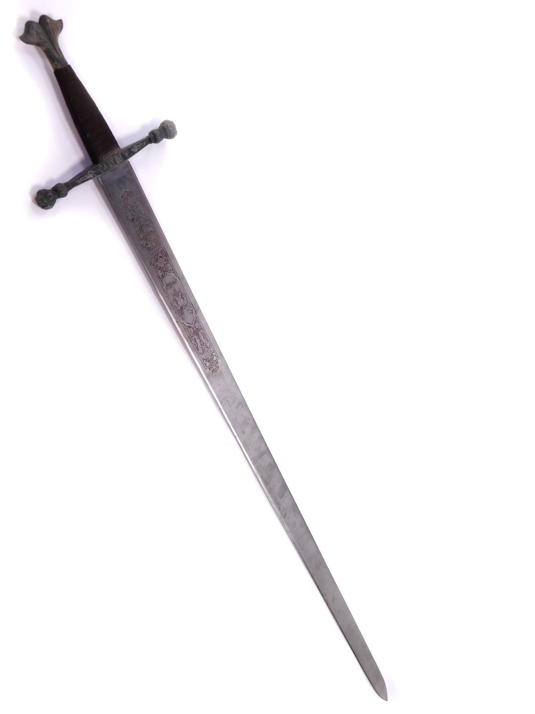 A Spanish 'Carlos V' replica broad sword, with wire bound metal handle, Toledo steel blade with