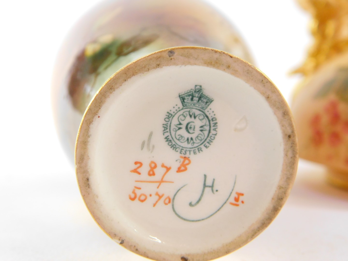 A Royal Worcester blush porcelain vase, circa 1897,with a dragon handle, painted with meadow - Image 4 of 5