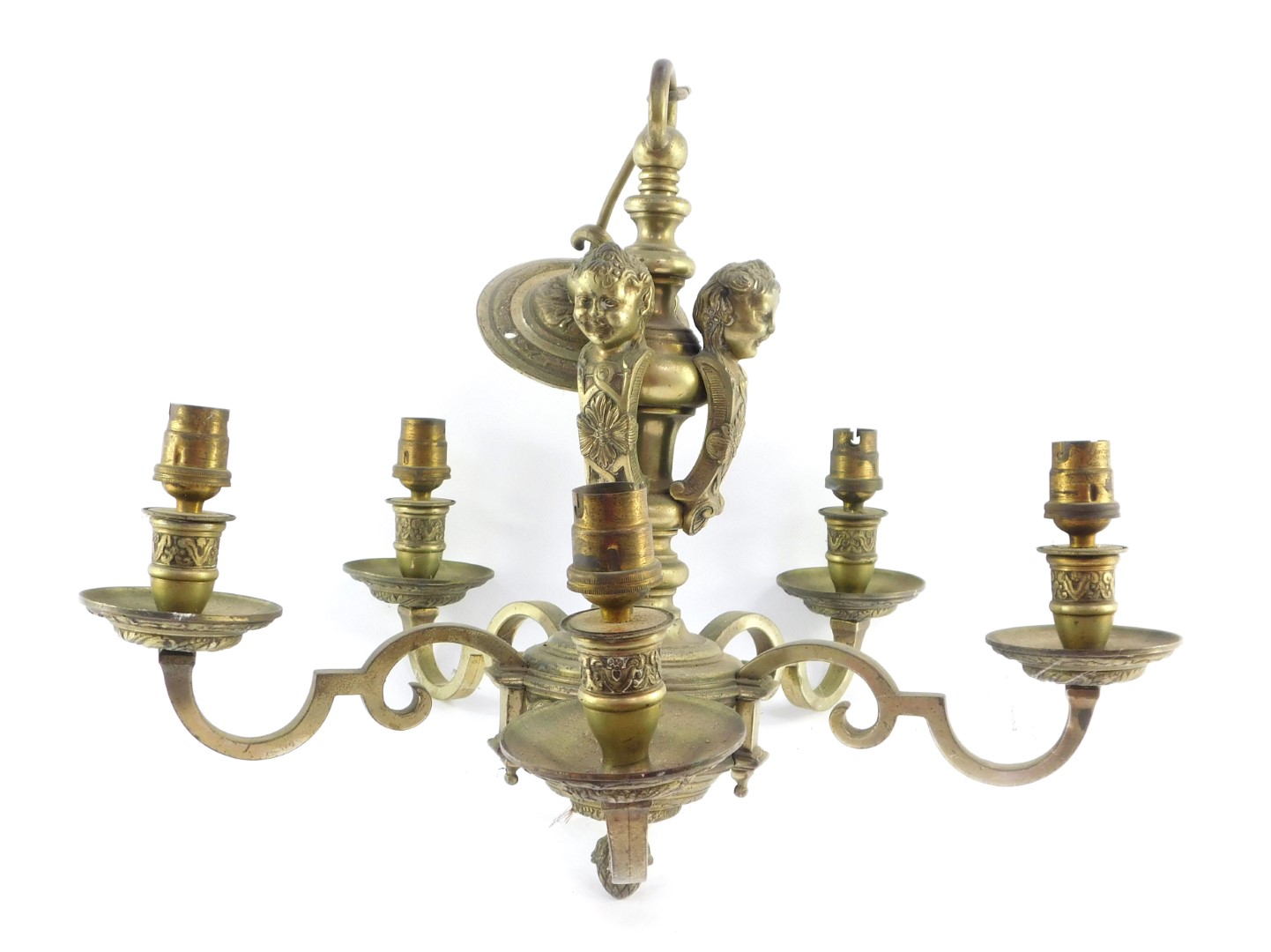 An early 20thC heavy brass five branch chandelier, embossed with leaves and cast with three