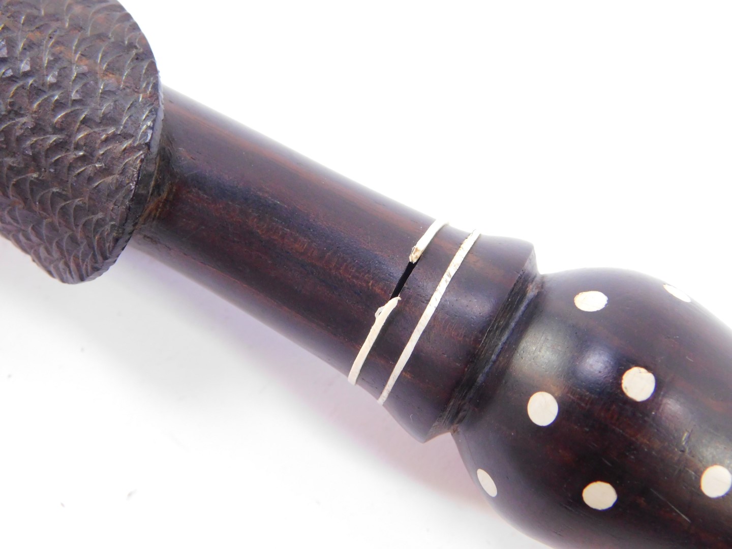 A Northern Mozambique chief's ebony walking stick, with ivory banded and dot inlay, carved with a - Bild 4 aus 5