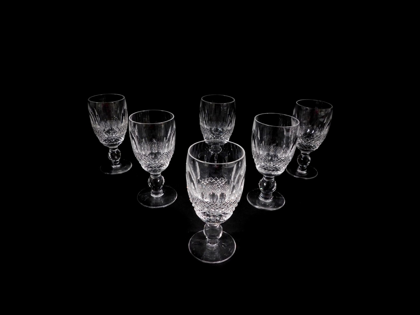 A set of six Waterford crystal sherry glasses, decorated in the Colleen pattern.