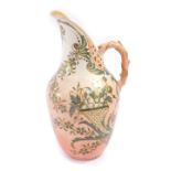 A Doulton Lambeth Carrara pottery jug, late 19thC, moulded and painted with cornucopias of fruit,
