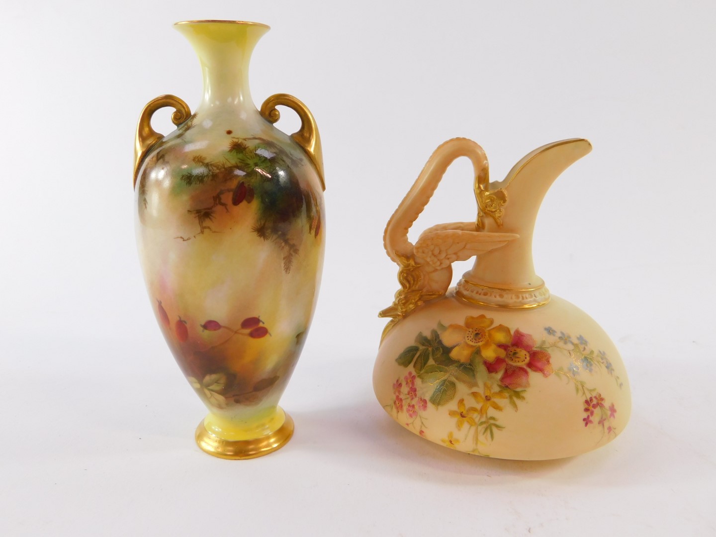 A Royal Worcester blush porcelain vase, circa 1897,with a dragon handle, painted with meadow - Image 2 of 5