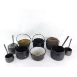 A Kenright No 11 two gallon cast iron cooking pot, two further cast iron cooking pots, a brass jam