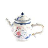 A Chinese 18thC export porcelain teapot, famille rose decorated in reserves with flowers and bats,
