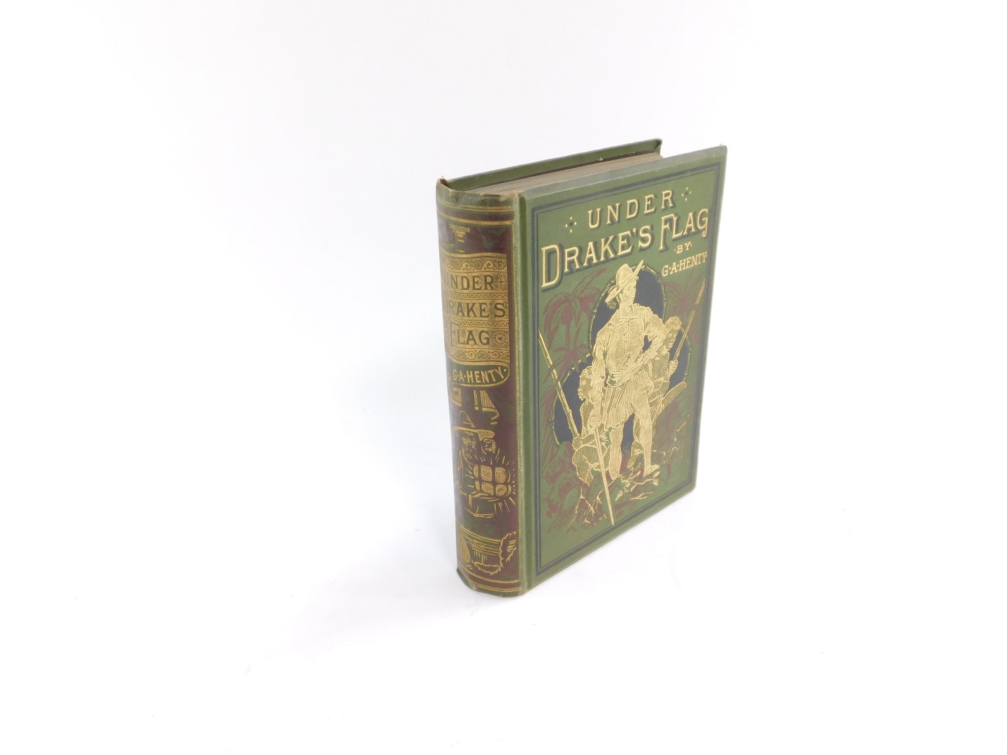 G A Henty. Under Drake's Flag, first format, first edition, gilt tooled, green cloth, published by - Image 2 of 4
