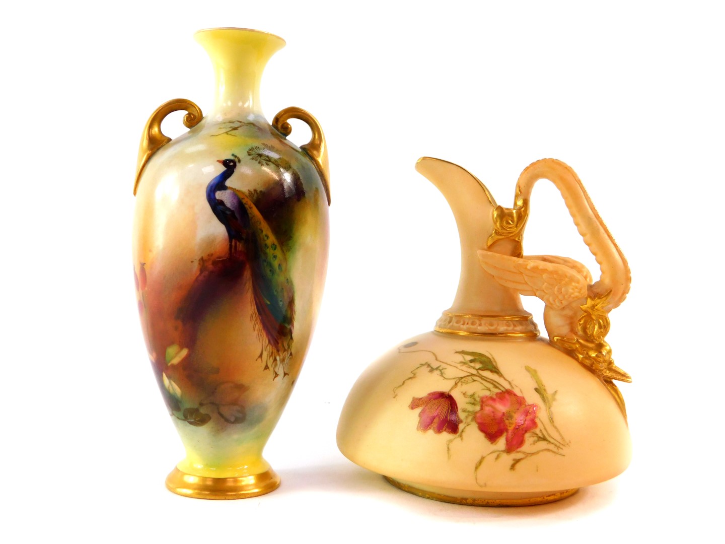 A Royal Worcester blush porcelain vase, circa 1897,with a dragon handle, painted with meadow