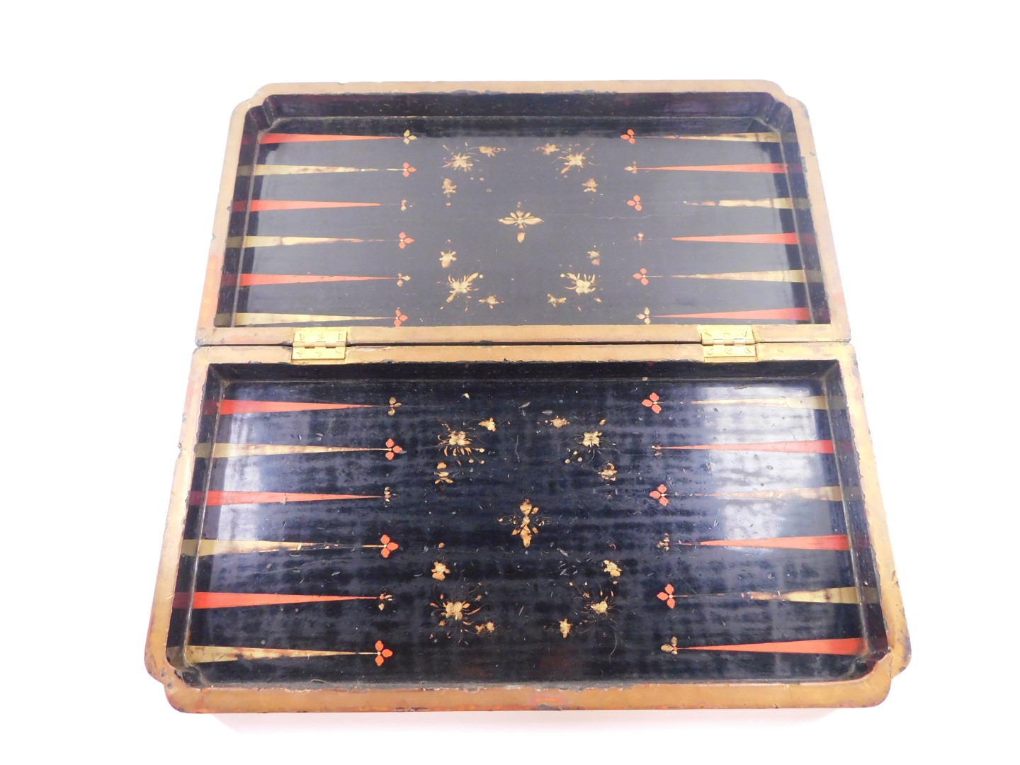 A Chinese 19thC fold over games board, with a backgammon interior board, the external chess board - Image 2 of 3