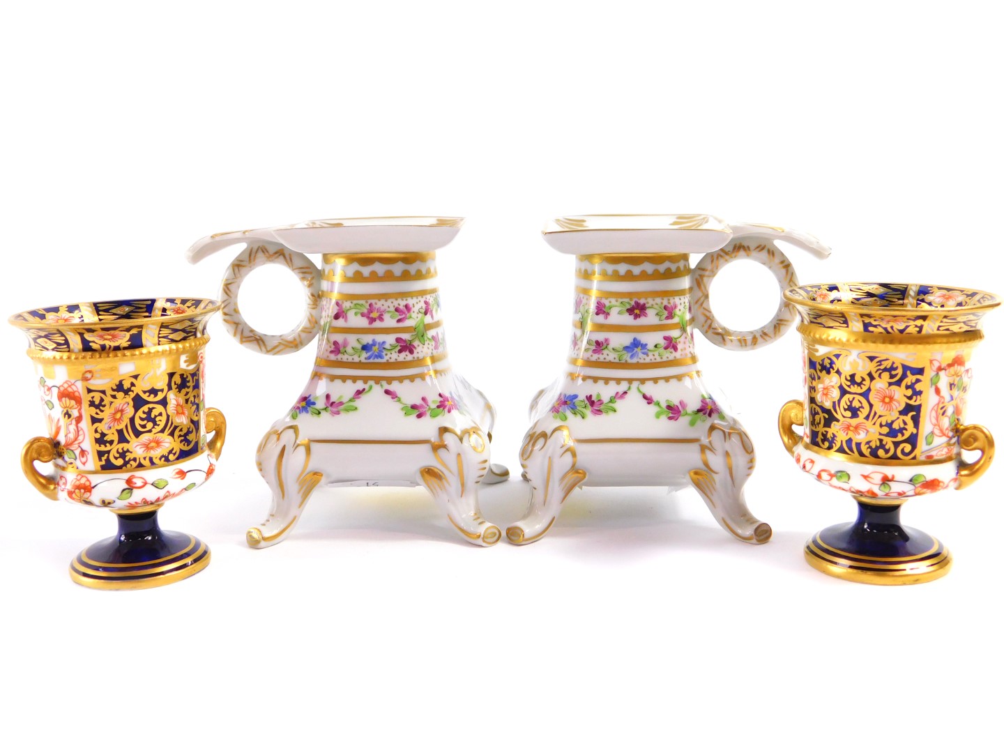 A pair of Royal Crown Derby late 19thC porcelain miniature campana vases, Imari decorated, printed