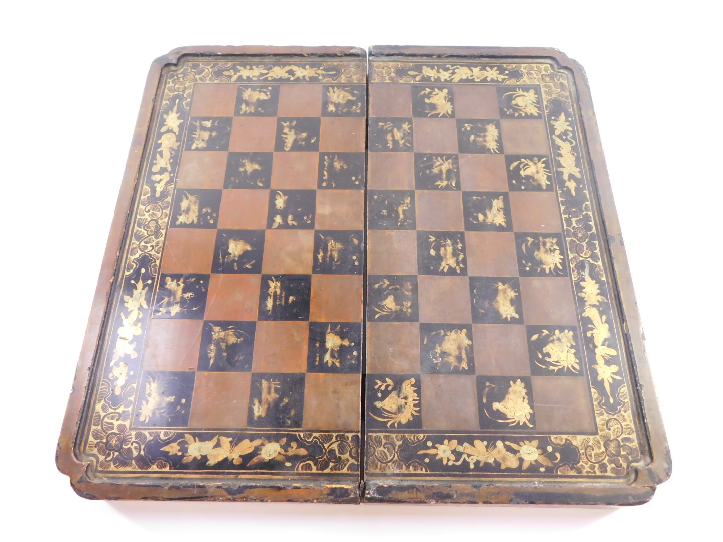 A Chinese 19thC fold over games board, with a backgammon interior board, the external chess board - Image 3 of 3