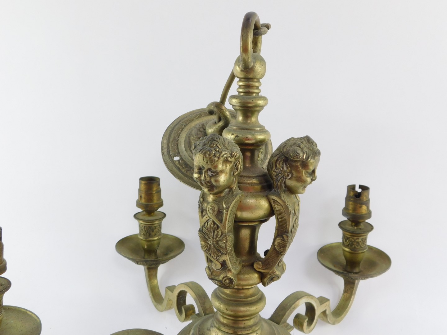 An early 20thC heavy brass five branch chandelier, embossed with leaves and cast with three - Image 2 of 2
