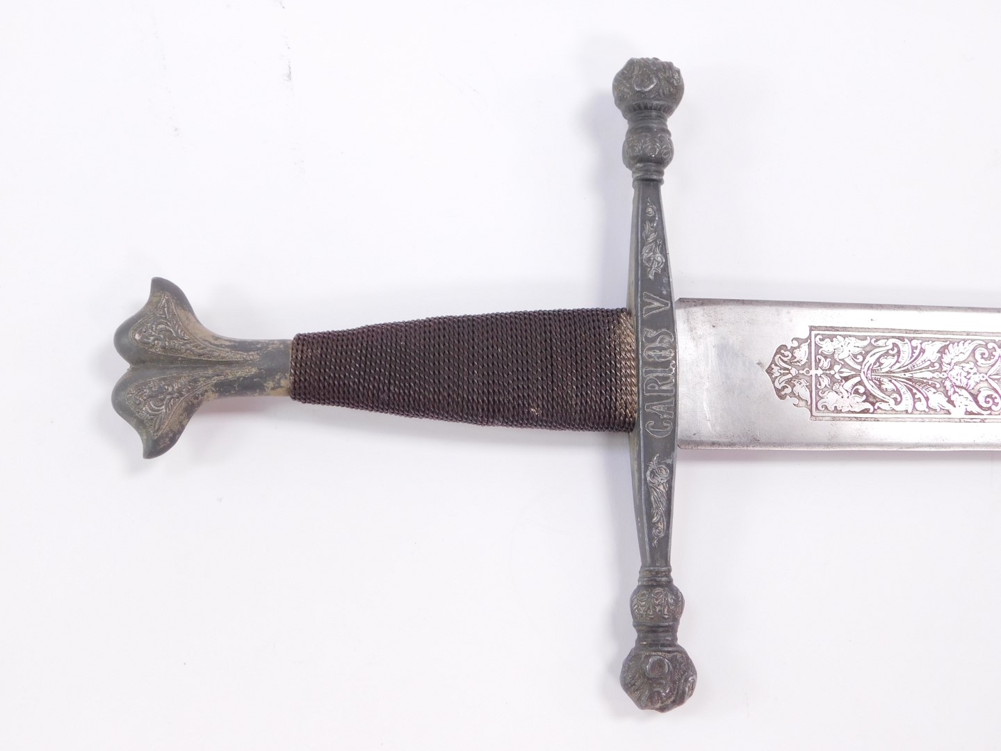 A Spanish 'Carlos V' replica broad sword, with wire bound metal handle, Toledo steel blade with - Image 2 of 4