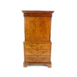 A George I style walnut and burr walnut escritoire, with feathered cross banding, the moulded