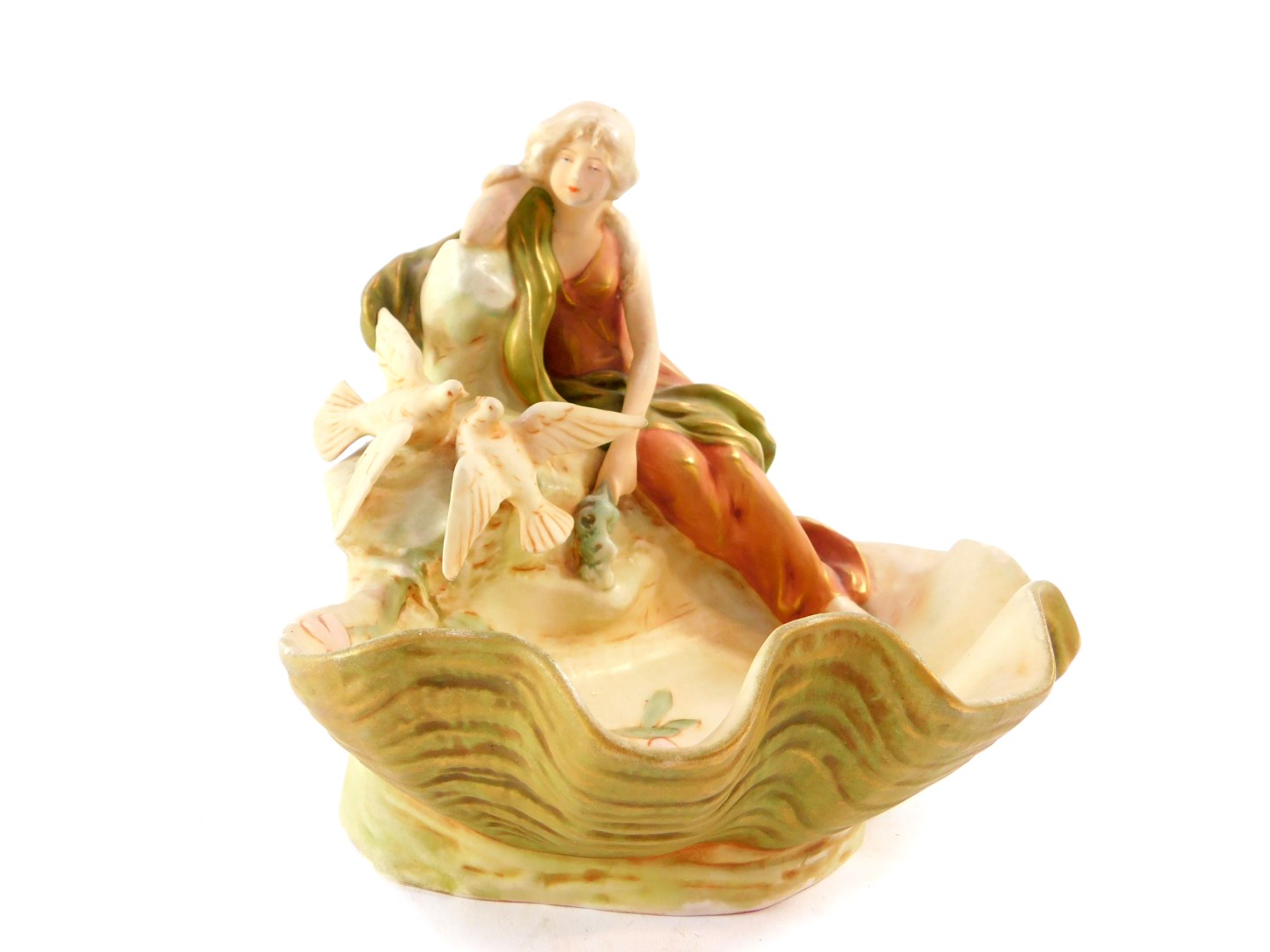 A Royal Dux blush porcelain bowl, modelled as a shell surmounted a maiden and two doves, number