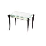 A French Art Deco rosewood and glass occasional table, the canted rectangular top with engraved