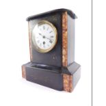 A Victorian slate and marble mantel clock, circular enamel dial bearing Roman numerals, thirty